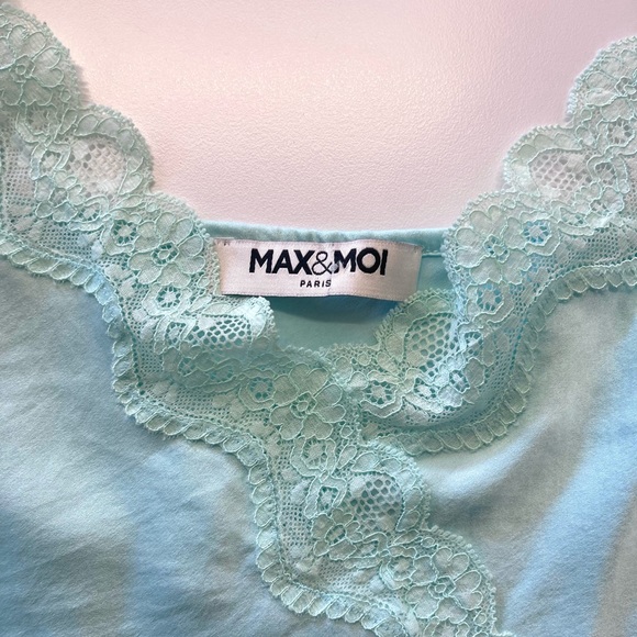 Max & Moi Paris Aqua Blue Lace Trim Silk Babydoll Camisole Tank Top Y2K Style - Picture 3 of 8